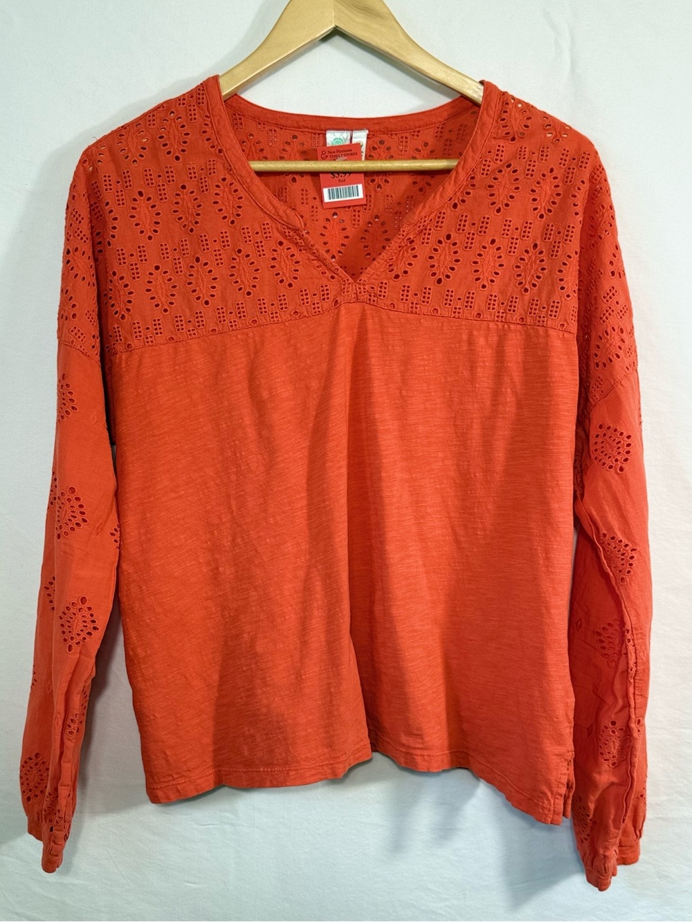 Aventura 100% Organic Cotton Orange Eyelet V-Neck Long Sleeve Top